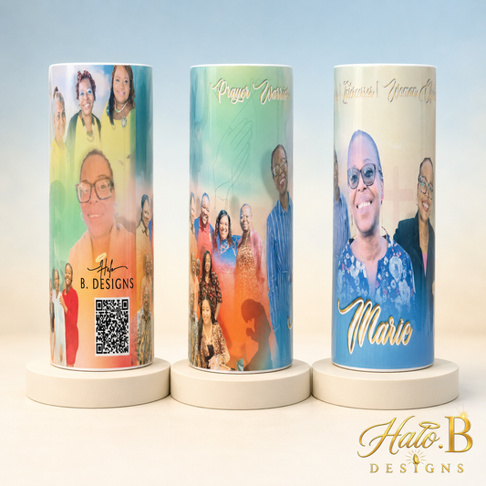 Personalized memorial tumbler shown from three angles