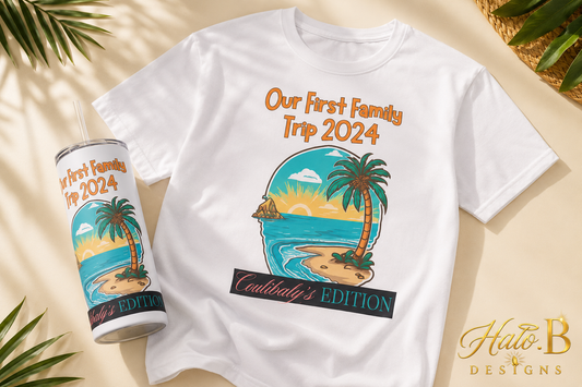 Matching personalized family trip T-shirt and tumbler set