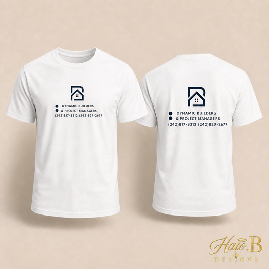 Custom vinyl shirts with front-center and back-center placement and new gold Halo B Designs watermark