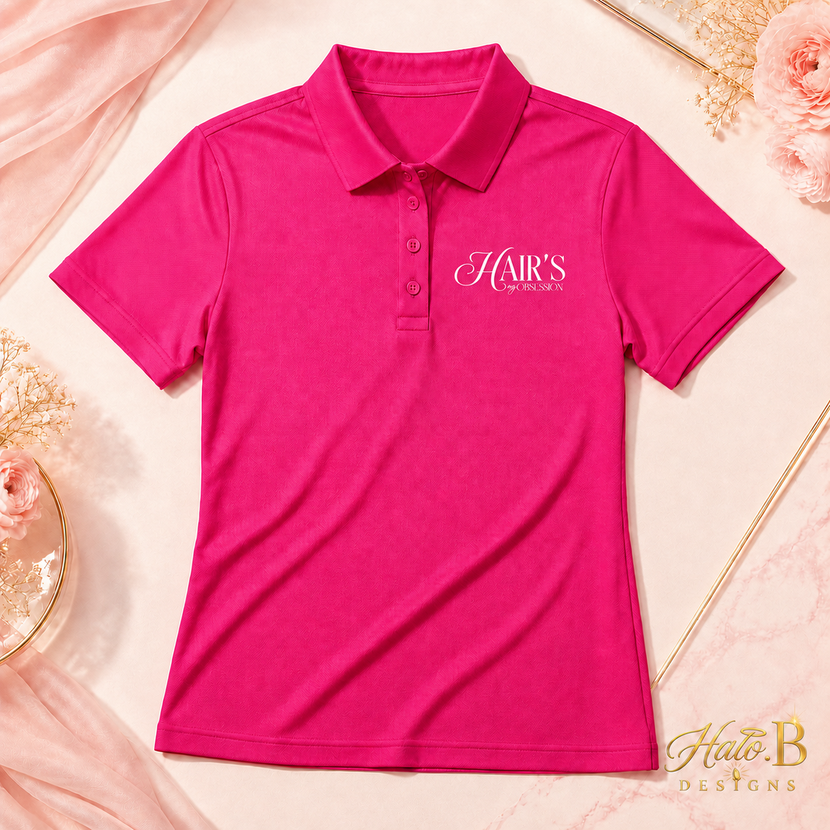 Pink beauty business polo with white logo