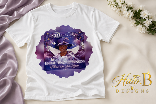 White memorial photo T-shirt with purple tribute design