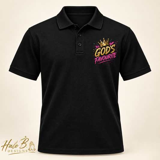 You're Looking at God's Favourite black faith polo with left-chest design